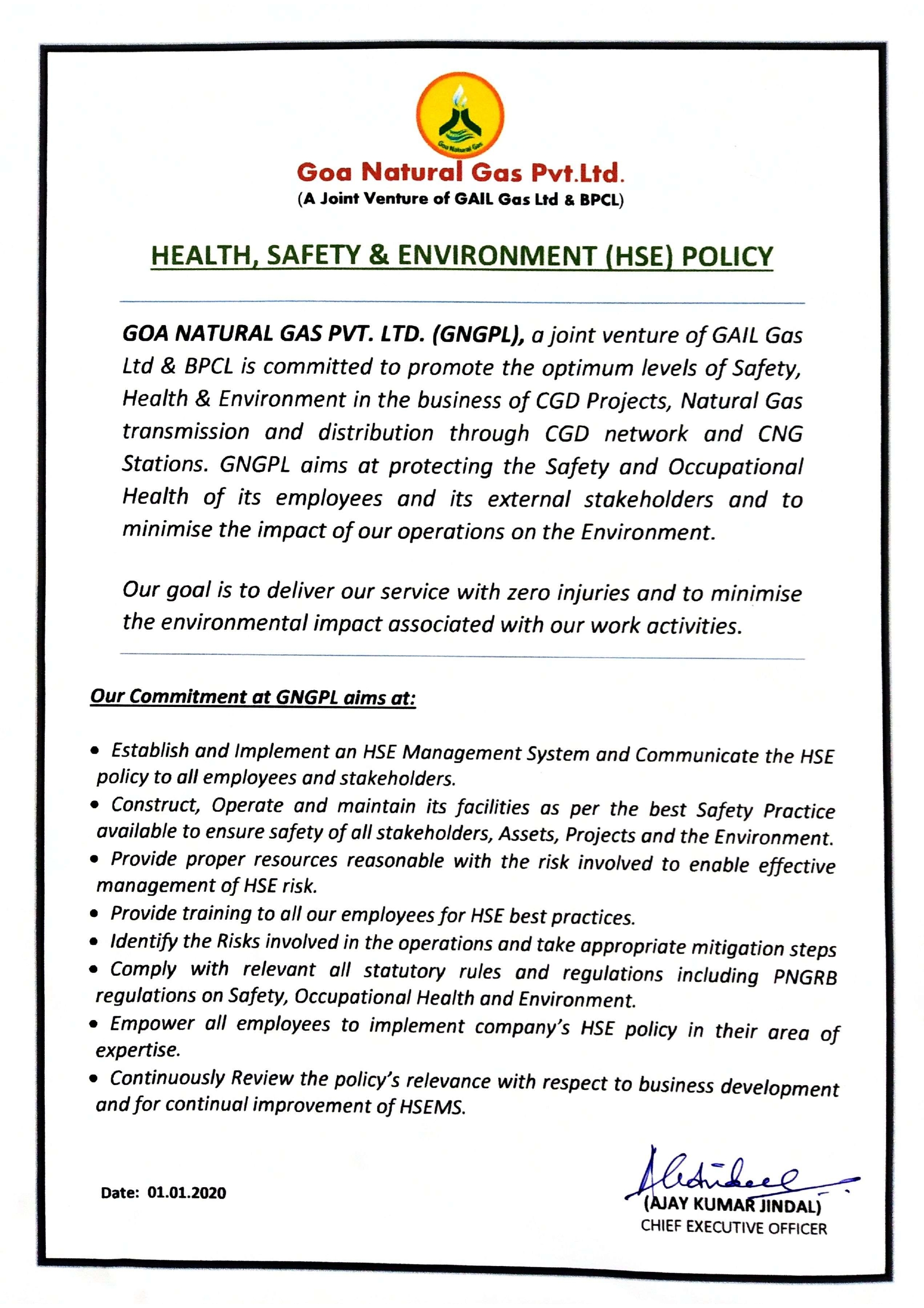 Goa Natural Gas Pvt. Ltd. | HSE Policy